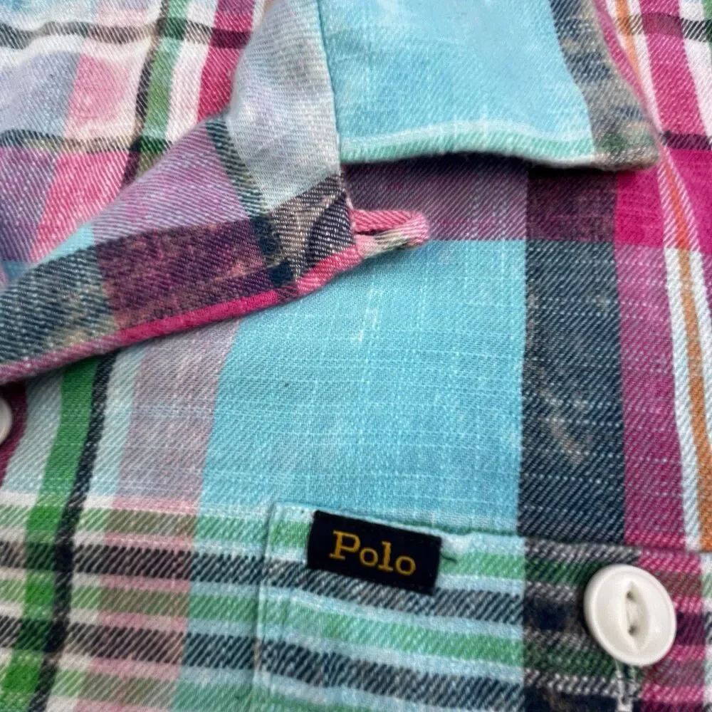 Polo Ralph Lauren Flannel Shirt Mens Small Loop Collar Plaid Chest Pockets